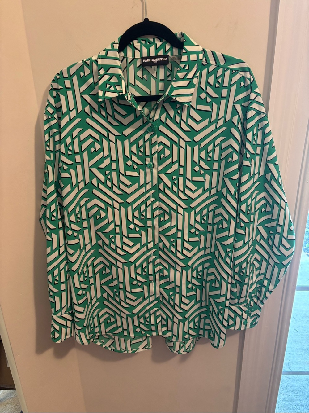 Karl Lagerfeld Paris Green and White Geometric Blouse Size Medium